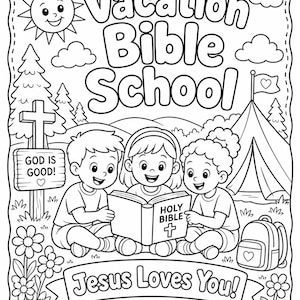 Könnte beinhalten: Schwarz-Weiß-Illustration für die Ferienbibelschule. Das Bild zeigt drei Kinder, die eine Heilige Bibel lesen, mit dem Text "Vacation Bible School", "Gott ist gut!" und "Jesus liebt dich!". Eine lächelnde Sonne, Wolken und ein Zelt sind ebenfalls abgebildet.
