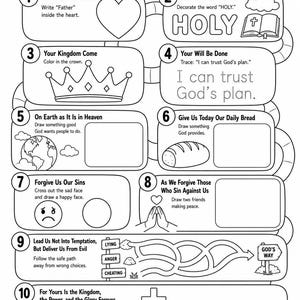 May include: A black and white printable activity sheet titled Walk Through The Lord's Prayer. It features ten numbered sections with instructions, line art illustrations including a heart, crown, globe, bread, cross, and a maze path to follow.