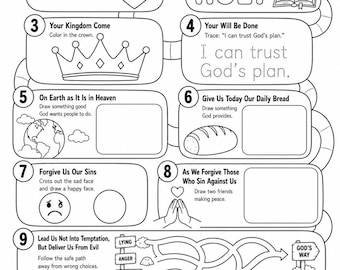 Scheda di attività sulla preghiera del Signore per bambini, pagina da colorare biblica per la scuola domenicale, lezione di preghiera per bambini, PDF stampabile per l'homeschooling cristiano e la scuola biblica estiva.