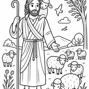 Good Shepherd Coloring Page – Jesus with Sheep Christian Bible Printable for Kids, Sunday School Religious Activity Sheet