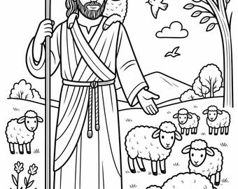 Coloriage du Bon Pasteur - Jésus avec des moutons Bible chrétienne à imprimer pour les enfants, feuille d'activités religieuses de l'école du dimanche