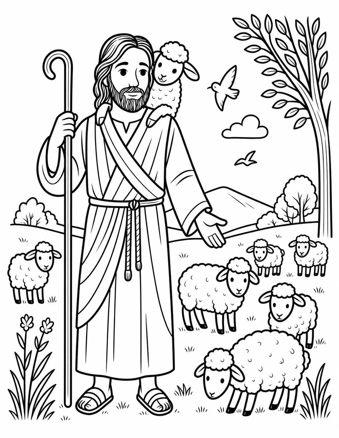 Good Shepherd Coloring Page - Jesus with Sheep Christian Bible…