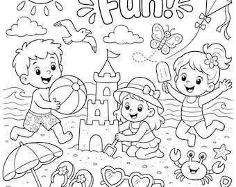 Summer Fun Coloring Page for Kids, Beach Printable Activity Sheet, Summer Coloring Sheet, Preschool Homeschool Classroom Worksheet