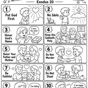 May include: A black and white colouring page titled The Ten Commandments Exodus 20, featuring ten numbered panels with cartoon illustrations depicting each commandment, including text labels like Put God First, No Idols, and Do Not Covet.