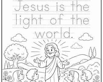 John 8:12 Worksheet | Jesus Is the Light of the World Trace & Color Page | Christian VBS Printable | Sunday School Activity