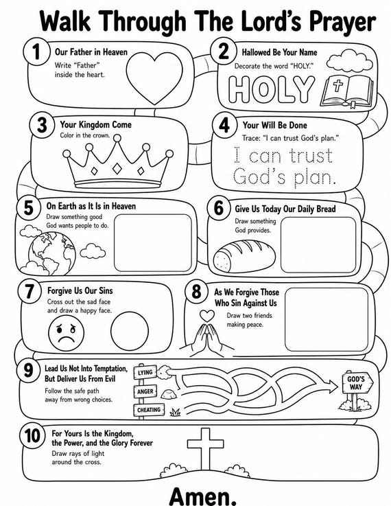 Lord’s Prayer Activity Worksheet for Kids, Sunday School Bible Coloring Page, Kids Prayer Lesson, Christian Homeschool & VBS Printable PDF