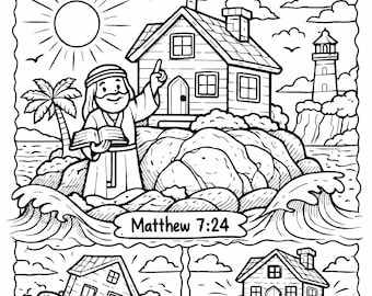 Matteo 7:24 Pagina da colorare stampabile, L'uomo saggio costruì la casa sulla roccia, Attività VBS, Lavoretto biblico per bambini della scuola domenicale, Gesù è la roccia