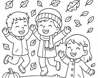 Fall Coloring Page for Kids – Autumn Leaves and Pumpkins Printable Activity Sheet, Seasonal Classroom Craft
