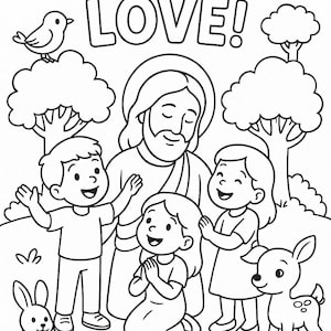 Peut inclure: Illustration en noir et blanc avec le texte "GOD IS LOVE!". Elle représente Jésus avec des enfants et des animaux. Un oiseau est perché sur un arbre, et un lapin et un cerf sont également présents.