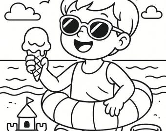 Pagina da colorare per la spiaggia estiva: gelato, divertimento con i castelli di sabbia (scheda di attività per bambini scaricabile in formato PDF/JPG/PNG)