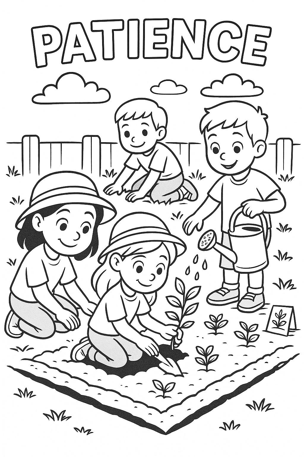 Patience Coloring Page – Planting and Watering Printable Activity for Children, Christian Creation Care Lesson, Sunday School Worksheet