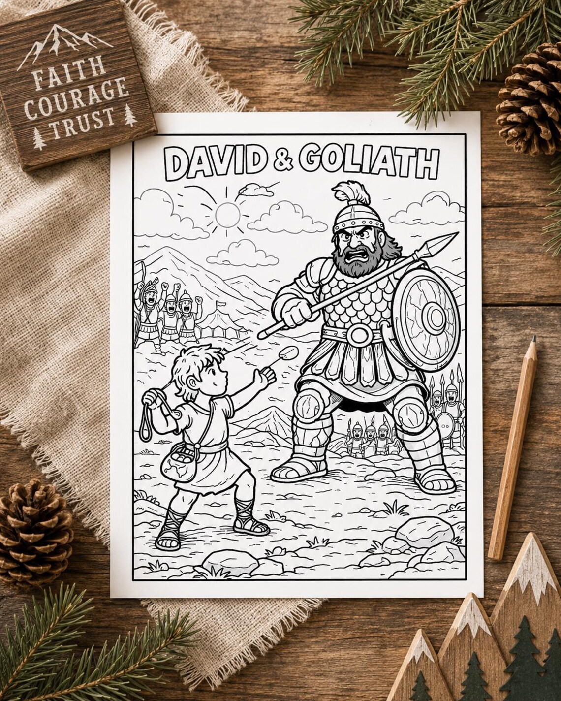 David and Goliath Coloring Page Printable | Bible Story Kids Activity ...