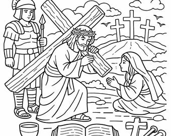 Kleurplaat Goede Vrijdag voor kinderen | Jezus draagt het kruis afdrukbaar | Activiteitenblad christelijk Pasen | Kleurplaat zondagsschoolbijbel