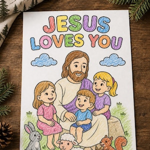 May include: A colored drawing on white paper featuring the text JESUS LOVES YOU in rainbow colors. The illustration depicts a figure with brown hair and a beard surrounded by three children, a gray rabbit, a small brown rabbit, a white lamb, and a squirrel.