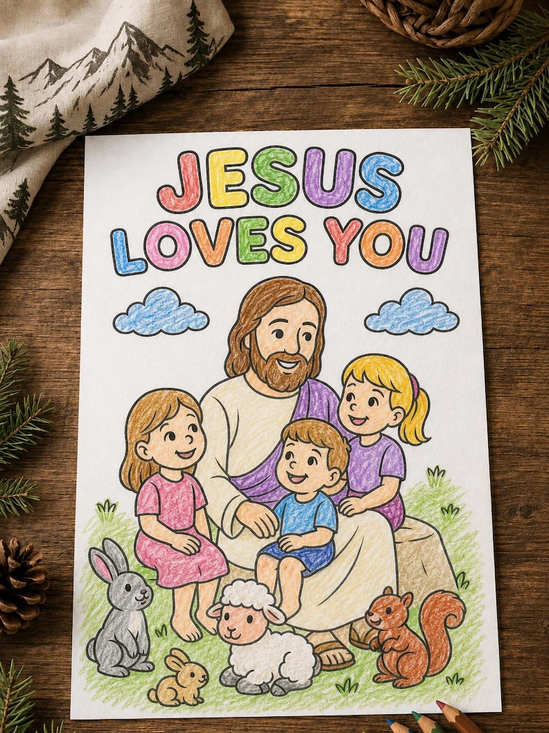 May include: A colored drawing on white paper featuring the text JESUS LOVES YOU in rainbow colors. The illustration depicts a figure with brown hair and a beard surrounded by three children, a gray rabbit, a small brown rabbit, a white lamb, and a squirrel.
