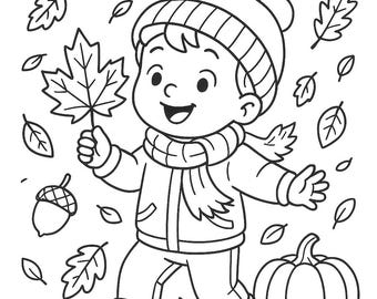 Fall Coloring Page for Kids | Autumn Leaves Pumpkin Acorn Printable Activity | Fun Seasonal Coloring Sheet