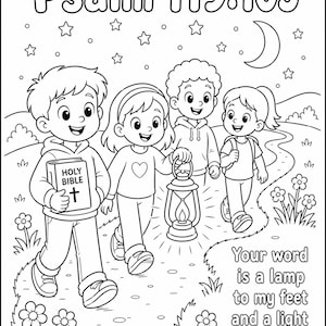 Può includere: Illustrazione in bianco e nero di quattro bambini che camminano su un sentiero, uno con una lanterna e un altro con una Bibbia. Il testo "Salmo 119:105" è in alto, con la citazione "La tua parola è una lampada al mio piede e una luce sul mio sentiero" in basso.