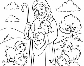 Jesus, den gode herden, målarbild | Utskrivbar söndagsskola | Kristen barnbibelaktivitet | Målarbild för får och lamm