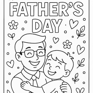 Father’s Day Coloring Page for Kids – Printable Happy Father’s Day Activity Sheet with Dad and Child Hug – Sunday School Craft