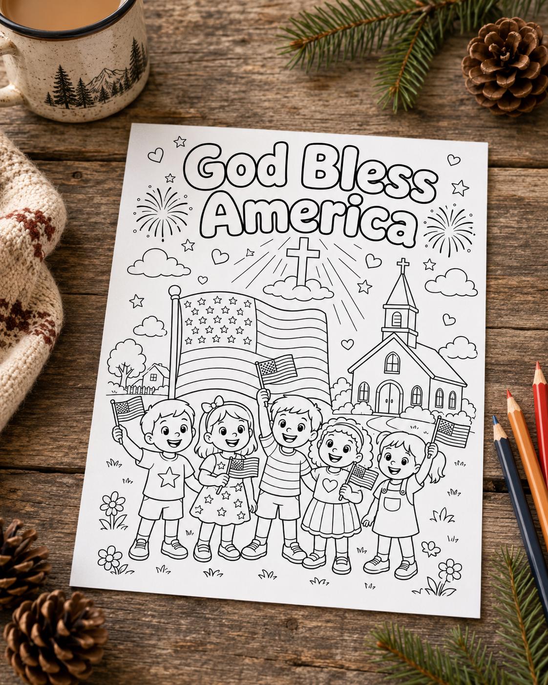 God Bless America Coloring Page | Christian 4th of July Kids Activity ...