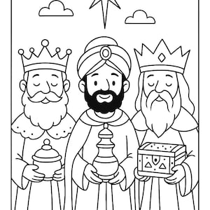May include: Black and white illustration of the Three Wise Men, each holding gifts. The figures are depicted with crowns, turbans, and long beards, under a star and clouds. The image is a line drawing.