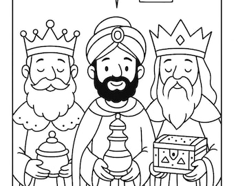Three Wise Men Coloring Page | Christmas Nativity Bible Story | Christian Kids Printable Activity | Sunday School Coloring Sheet