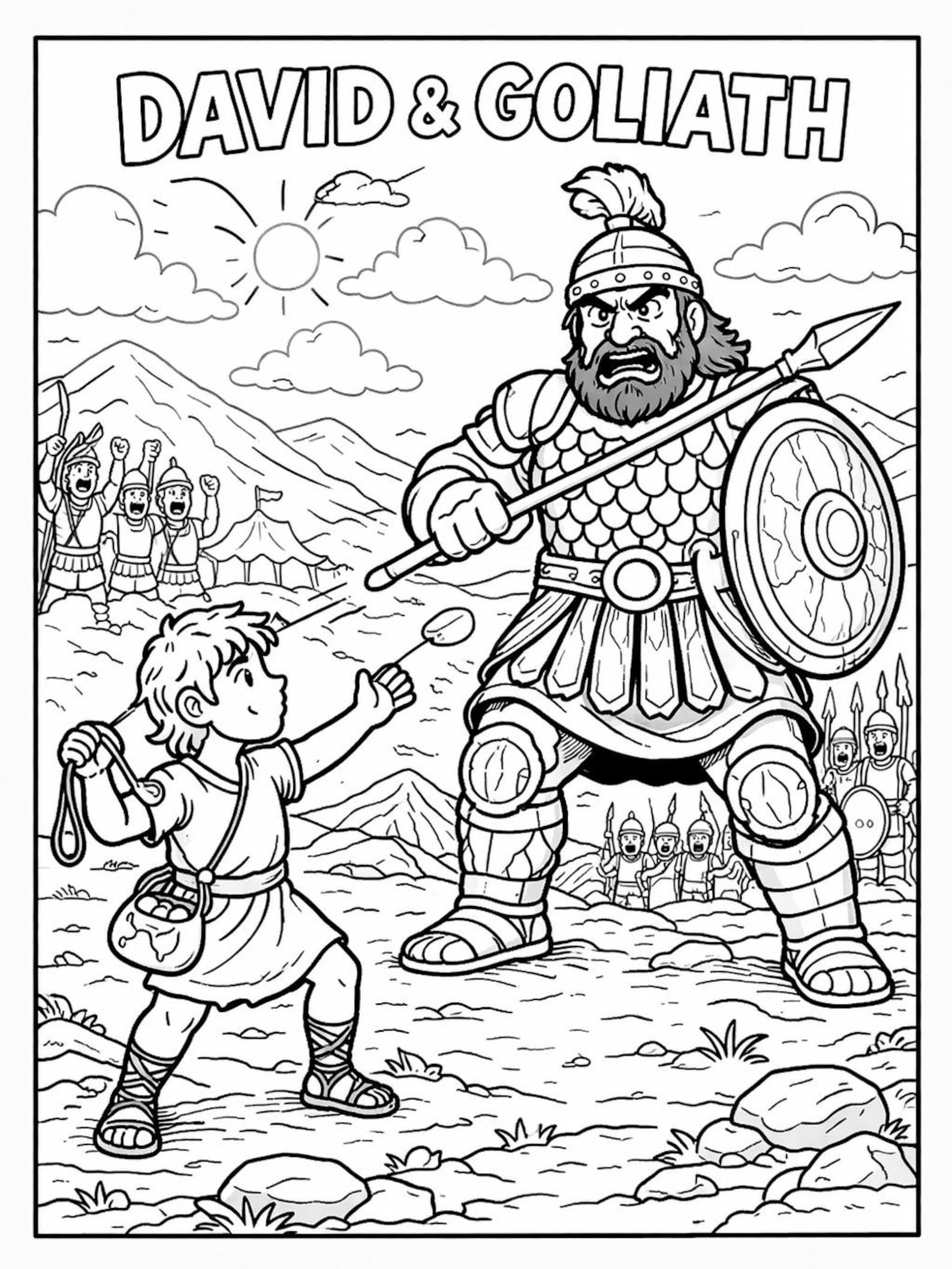 David and Goliath Coloring Page Printable | Bible Story Kids Activity ...