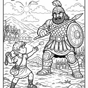 May include: A black and white coloring page illustration titled DAVID & GOLIATH featuring a young person using a sling to launch a stone at a large, armored warrior holding a spear and a round shield, with soldiers and mountains in the background.