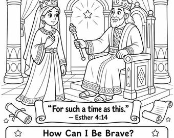 Página para colorear de la reina Ester, Ester 4:14 "Porque en un tiempo como este" Hoja de trabajo de la historia bíblica, Actividad para la escuela dominical, PDF imprimible cristiano