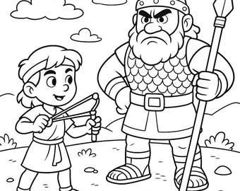 David and Goliath Coloring Page – Christian Bible Story Printable for Kids, Sunday School Activity Sheet, Religious Coloring