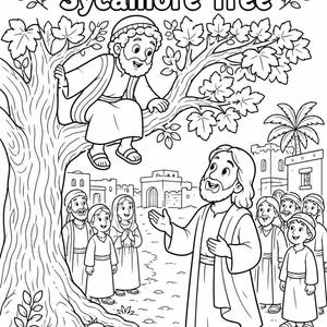 May include: A black and white coloring page illustration titled Zacchaeus in the Sycamore Tree. It depicts a man sitting in a tree looking down at a bearded figure standing on the ground, surrounded by a crowd of people in a town setting.