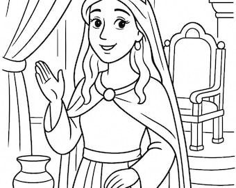 Puede incluir: Dibujo en blanco y negro de la reina Ester con una corona y una larga túnica. Está de pie frente a un trono y levanta la mano en señal de saludo. El texto "QUEEN ESTHER" está en la parte superior de la imagen.