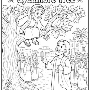 May include: Black and white illustration of a biblical scene. A man is in a tree, with the text "Zacchaeus in the Sycamore Tree" at the top. Other figures stand below, listening to a man speaking. A town and palm tree are in the background.