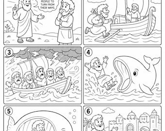 Jonah and the Whale Comic Strip Worksheet, Bible Story Activity Printable, Sunday School Coloring Page, Jonah Bible Lesson for Kids, VBS