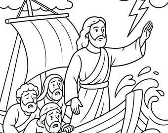 Jesus Calms the Storm Coloring Page – Christian Bible Story Printable for Kids, Sunday School Religious Activity Sheet