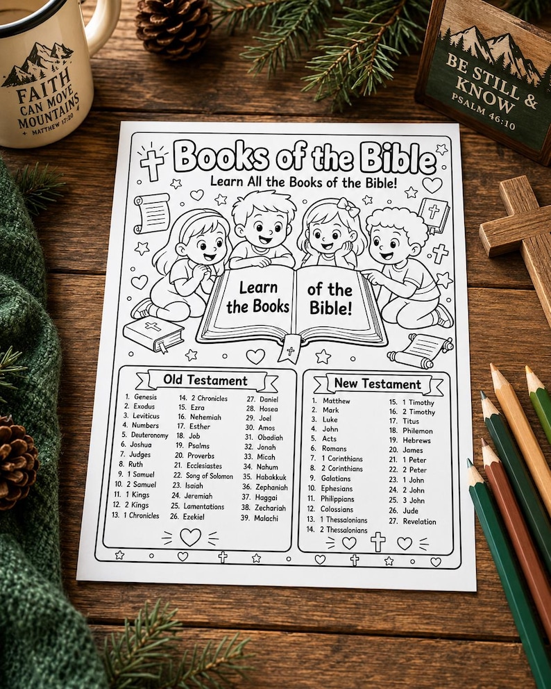May include: A black and white coloring page titled Books of the Bible featuring four children reading an open book. The page lists the Old and New Testament books in two columns with decorative hearts, crosses, and scrolls surrounding the text.
