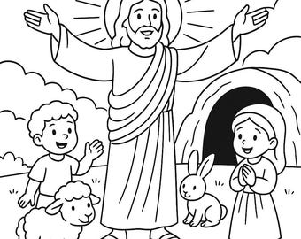 Resurrection Coloring Page – He Is Risen Easter Christian Bible Printable for Kids, Sunday School Activity, Religious Coloring Sheet