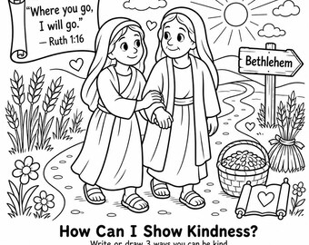 Ruth and Naomi Coloring Page, Kindness and Loyalty Bible Worksheet, Sunday School Printable, Book of Ruth Kids Activity, Homeschool Lesson
