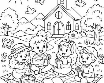 Summer Church Picnic Coloring Page, Christian Kids Sunday School Printable, No Text VBS Bible Activity