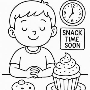 Puede incluir: Un dibujo en blanco y negro de un niño sentado en una mesa con las manos juntas. El niño resiste la tentación de una magdalena y una galleta. Un reloj en la pared marca las 12:00 y un cartel dice "Snack Time Soon".