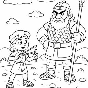 May include: A black and white line art illustration featuring a young person holding a slingshot and facing a large, bearded warrior in scale armor who is holding a tall spear. The scene includes a landscape with rolling hills and clouds.
