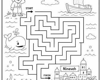 Jonah and the Whale Maze Activity Page | Jonah and Nineveh Bible Story | Bible Maze Worksheet, Sunday School Coloring Worksheet for Kids