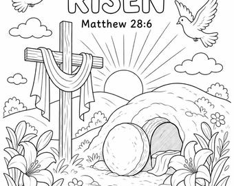 Página para colorear de Pascua cristiana para niños – ¡Ha resucitado! (Imprimible) – Actividad para la escuela dominical – Hoja de trabajo sobre la resurrección de Jesús – Pascua religiosa