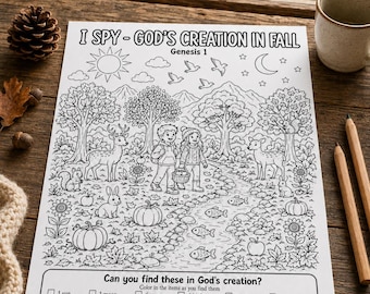 Fall I Spy Bible Activity | Autumn God’s Creation Coloring Page | Genesis 1 Sunday School Worksheet | Thanksgiving Kids Printable
