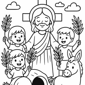 Holy Week Coloring Page for Kids – Jesus, Palm Sunday & Resurrection Scene | Christian Sunday School Activity