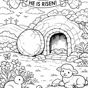 Easter Resurrection Coloring Page – Empty Tomb Christian Bible Printable for Kids, Sunday School Activity, Religious Coloring Sheet