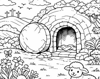Easter Resurrection Coloring Page – Empty Tomb Christian Bible Printable for Kids, Sunday School Activity, Religious Coloring Sheet