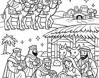 Página para colorear de los Reyes Magos para niños / Hoja para colorear de la Natividad / Imprimible de la iglesia cristiana de Navidad / Actividad para la escuela dominical