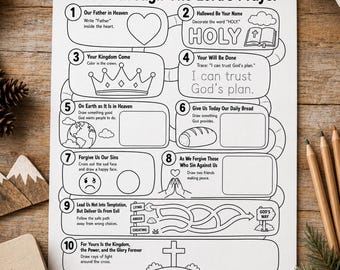 Może przedstawiać: Czarno-biały arkusz aktywności do druku zatytułowany Walk Through The Lord's Prayer. Zawiera dziesięć ponumerowanych sekcji z poleceniami, ilustracjami takimi jak korona, chleb i krzyż oraz labirynt prowadzący do God's Way do pokolorowania.