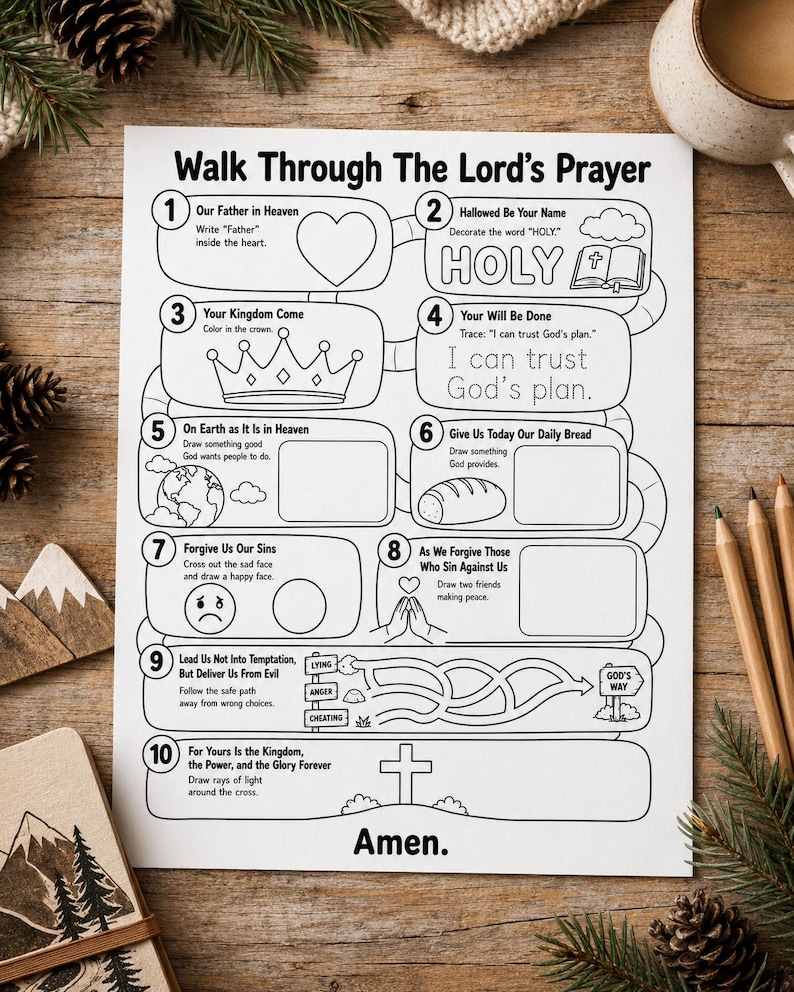 May include: A black and white printable activity sheet titled Walk Through The Lord's Prayer. It features ten numbered sections with prompts, illustrations like a crown, bread, and a cross, and a maze leading to God's Way, designed for coloring and writing.